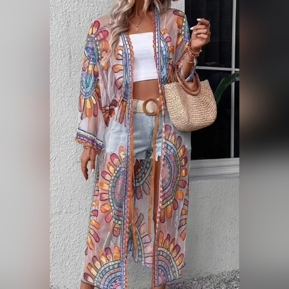 NWT Boho Embroidered Sheer Coverup / Duster /Kimono - Picture 2 of 10